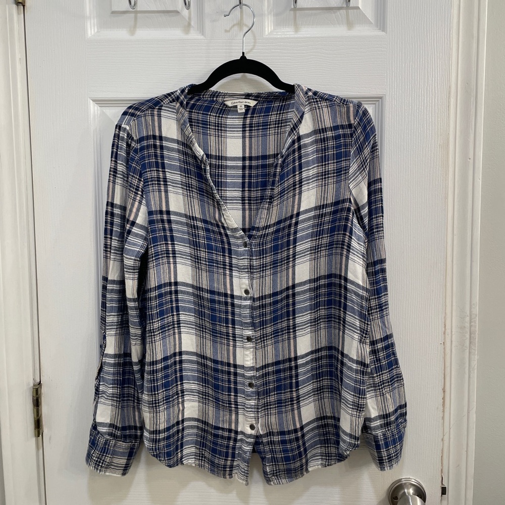 Calvin Klein Navy and White Plaid Shirt, Size M